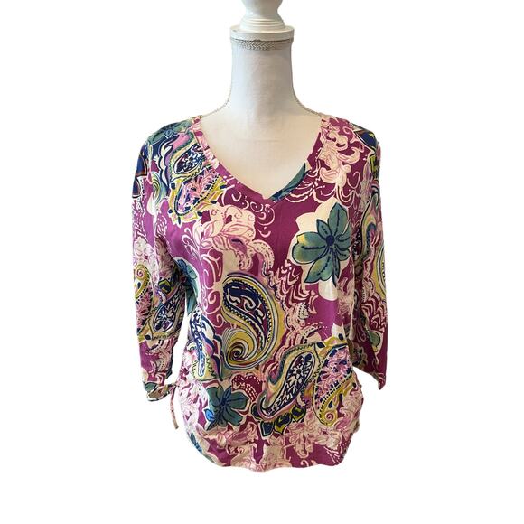 Caribbean Joe Ruched Side V Neck Top Violet Paisley Print L - Picture 1 of 6